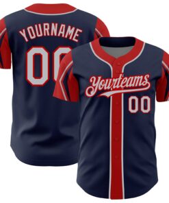 Custom Navy Gray-Red 3 Colors Arm Shapes Authentic Baseball Jersey
