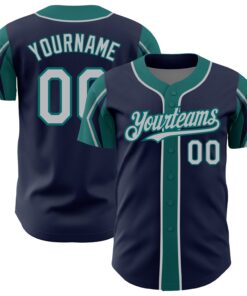 Custom Navy Gray-Teal 3 Colors Arm Shapes Authentic Baseball Jersey