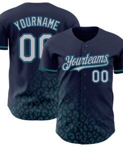 Custom Navy Gray-Teal 3D Pattern Design Leopard Print Fade Fashion Authentic Baseball Jersey
