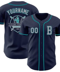 Custom Navy Gray-Teal Authentic Baseball Jersey