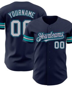 Custom Navy Gray-Teal Authentic Baseball Jersey