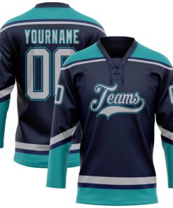 Custom Navy Gray-Teal Hockey Lace Neck Jersey