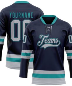 Custom Navy Gray-Teal Hockey Lace Neck Jersey