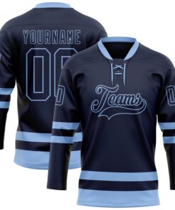 Custom Navy Light Blue Hockey Lace Neck Jersey
