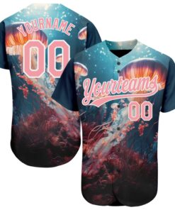 Custom Navy Medium Pink-White 3D Pattern Design Jellyfish Under Water With Light Shining Authentic Baseball Jersey