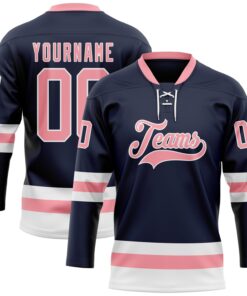 Custom Navy Medium Pink-White Hockey Lace Neck Jersey