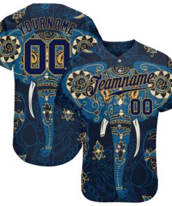 Custom Navy Navy-Old Gold 3D Pattern Design Elephant Authentic Baseball Jersey