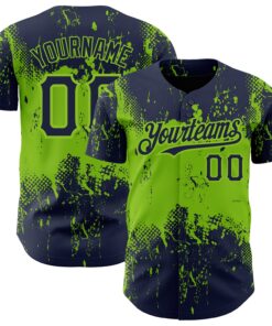 Custom Navy Neon Green 3D Pattern Design Abstract Splatter Grunge Art Authentic Baseball Jersey