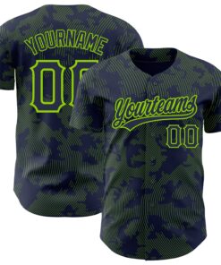 Custom Navy Neon Green 3D Pattern Design Curve Lines Authentic Baseball Jersey