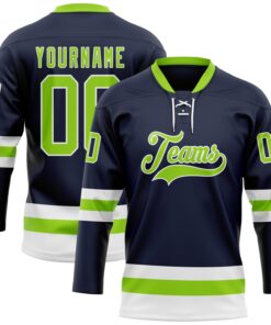 Custom Navy Neon Green-White Hockey Lace Neck Jersey