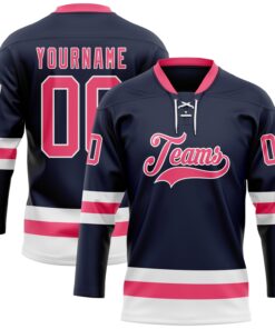 Custom Navy Neon Pink-White Hockey Lace Neck Jersey