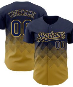 Custom Navy Old Gold 3D Pattern Design Gradient Square Shapes Authentic Baseball Jersey