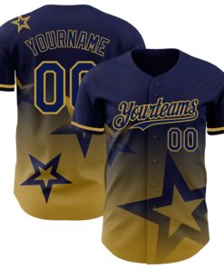 Custom Navy Old Gold 3D Pattern Design Gradient Style Twinkle Star Authentic Baseball Jersey