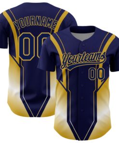 Custom Navy Old Gold 3D Pattern Design Side Stripes Authentic Baseball Jersey