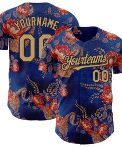 Custom Navy Old Gold-Black 3D Pattern Design Northeast China Big Flower Authentic Baseball Jersey