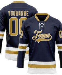 Custom Navy Old Gold-White Hockey Lace Neck Jersey