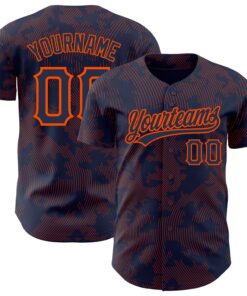 Custom Navy Orange 3D Pattern Design Curve Lines Authentic Baseball Jersey