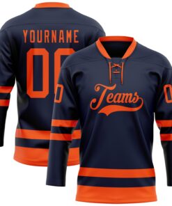 Custom Navy Orange Hockey Lace Neck Jersey
