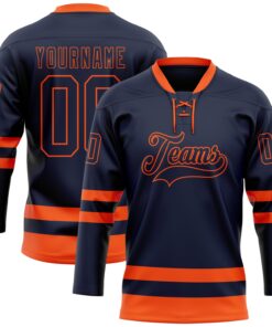 Custom Navy Orange Hockey Lace Neck Jersey