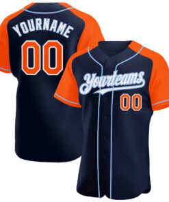 Custom Navy Orange-Light Blue Authentic Raglan Sleeves Baseball Jersey