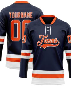 Custom Navy Orange-White Hockey Lace Neck Jersey
