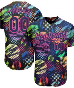 Custom Navy Pink 3D Pattern Design Abstract Halftone Circles Zigzag Style Authentic Baseball Jersey