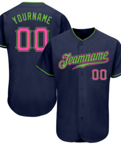 Custom Navy Pink-Neon Green Authentic Baseball Jersey