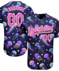 Custom Navy Pink-White 3D Pattern Design Colorful Cartoon Jellyfish Authentic Baseball Jersey