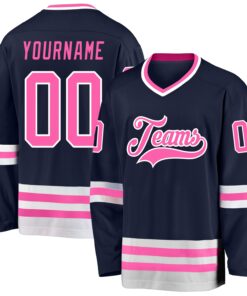 Custom Navy Pink-White Hockey Jersey
