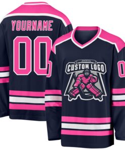 Custom Navy Pink-White Hockey Jersey