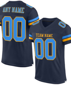 Custom Navy Powder Blue-Gold Mesh Authentic Football Jersey