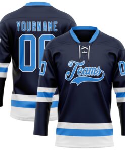 Custom Navy Powder Blue-White Hockey Lace Neck Jersey