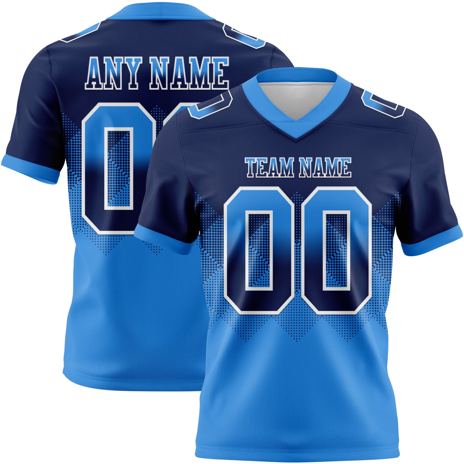 Custom Navy Powder Blue-White Mesh Authentic Gradient Square Shape Flag Football Jersey