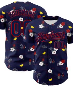 Custom Navy Red 3D Hawaii Tropical Leaves And Flowers Authentic Baseball Jersey