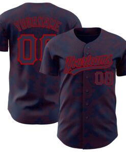 Custom Navy Red 3D Pattern Design Curve Lines Authentic Baseball Jersey