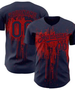 Custom Navy Red 3D Pattern Design Dripping Splatter Art Authentic Baseball Jersey