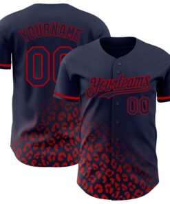 Custom Navy Red 3D Pattern Design Leopard Print Fade Fashion Authentic Baseball Jersey