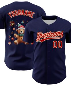 Custom Navy Red-Cream 3D Funny Christmas Authentic Baseball Jersey