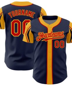 Custom Navy Red-Gold 3 Colors Arm Shapes Authentic Baseball Jersey