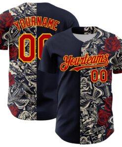 Custom Navy Red-Gold 3D Pattern Design Vintage Tattoos Authentic Baseball Jersey