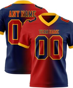 Custom Navy Red-Gold Mesh Authentic Gradient Fashion Football Jersey
