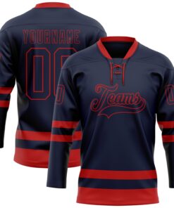 Custom Navy Red Hockey Lace Neck Jersey