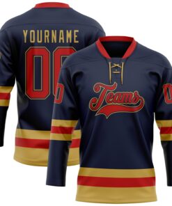 Custom Navy Red-Old Gold Hockey Lace Neck Jersey