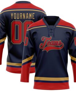 Custom Navy Red-Old Gold Hockey Lace Neck Jersey