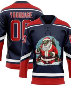 Custom Navy Red-White Funny Christmas 3D Hockey Lace Neck Jersey