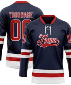 Custom Navy Red-White Hockey Lace Neck Jersey
