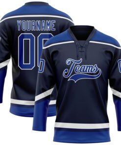 Custom Navy Royal-White Hockey Lace Neck Jersey