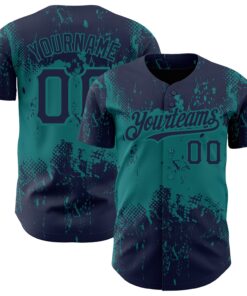 Custom Navy Teal 3D Pattern Design Abstract Splatter Grunge Art Authentic Baseball Jersey