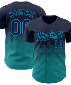 Custom Navy Teal 3D Pattern Design Gradient Square Shapes Authentic Baseball Jersey