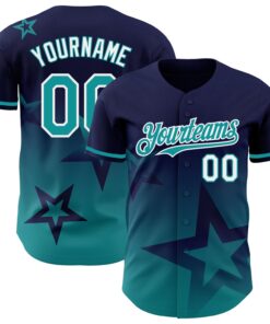 Custom Navy Teal-White 3D Pattern Design Gradient Style Twinkle Star Authentic Baseball Jersey
